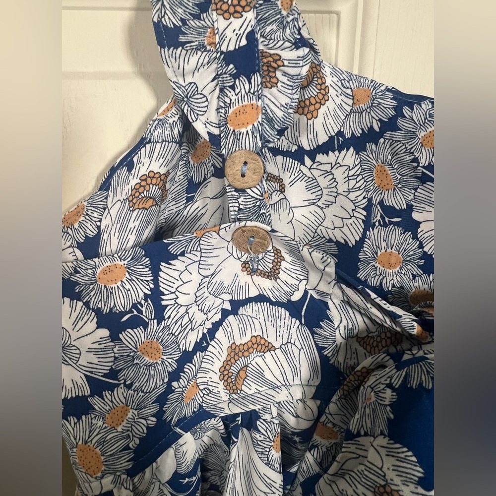 KORI NWT Blue Floral Wide Leg Jumpsuit Ruffle Strap Tie Front Boho medium - Picture 4 of 10